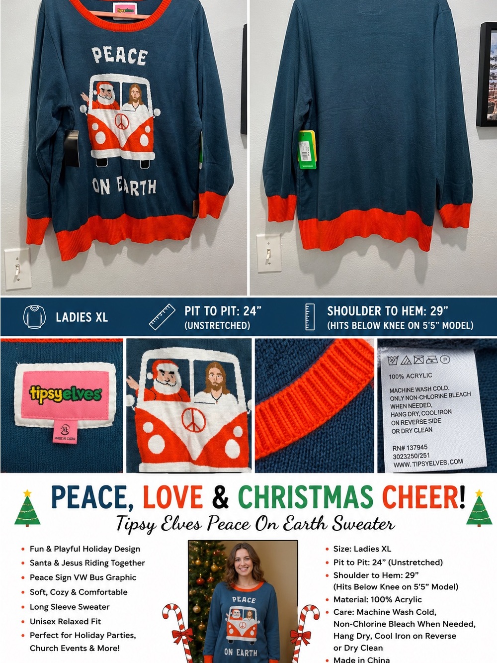 Tipsy Elves “Peace on Earth” Blue and Red Trim Sweater